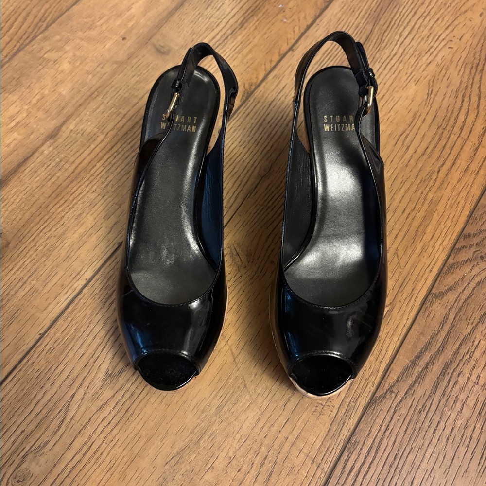 Stuart Weitzman Glossy Black Slingback Heels - image 1